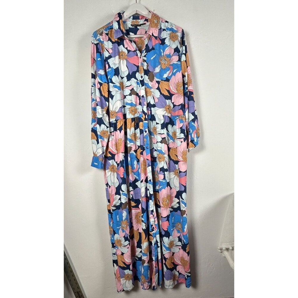 Tolani Womens Martina Violet Floral Maxi Shirt Dress XL Long Sleeve Stretch New